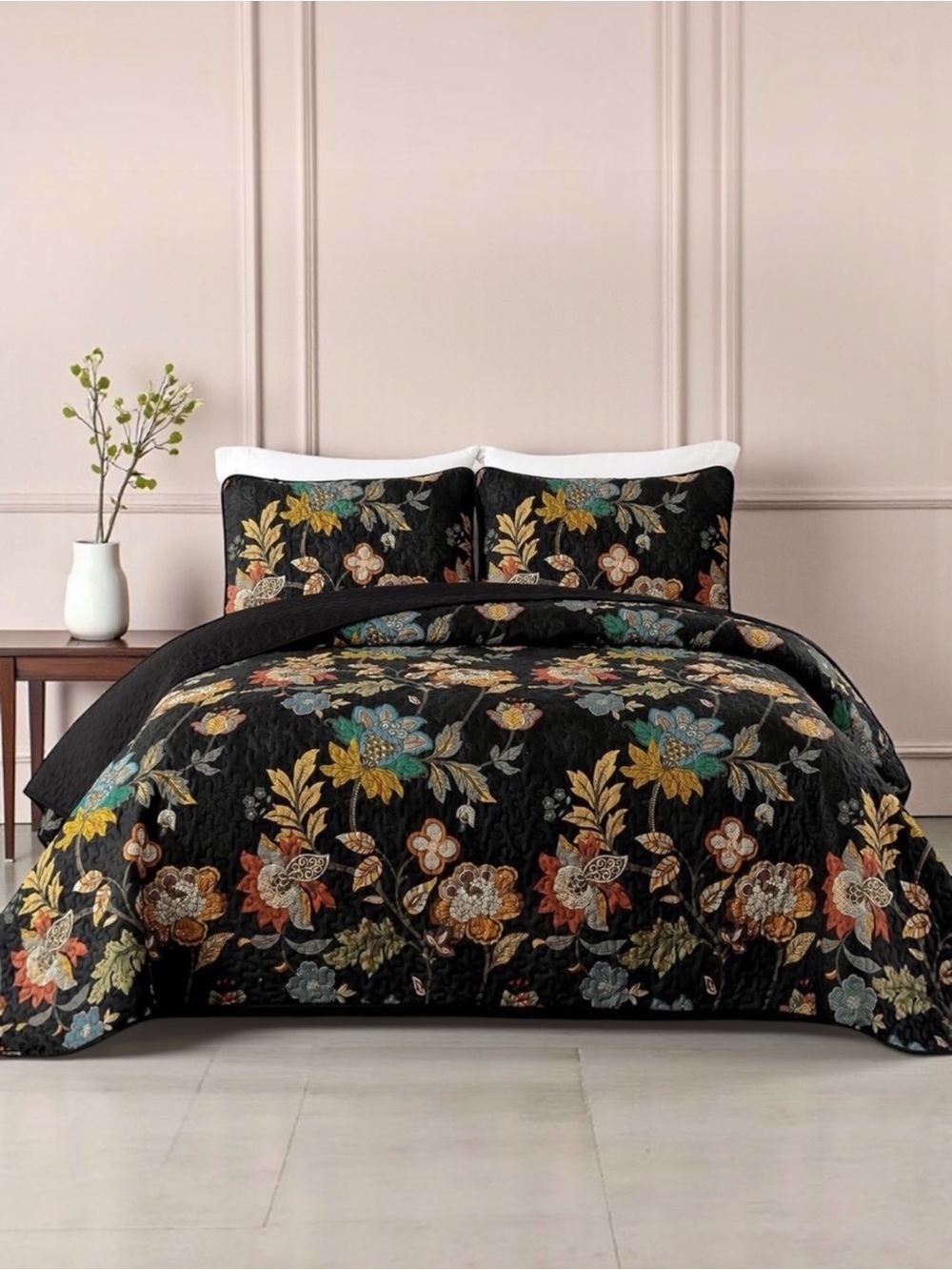 NEW Anthropologie Black Floral Multicolor Queen / King Bedding Quilt & Sham Set